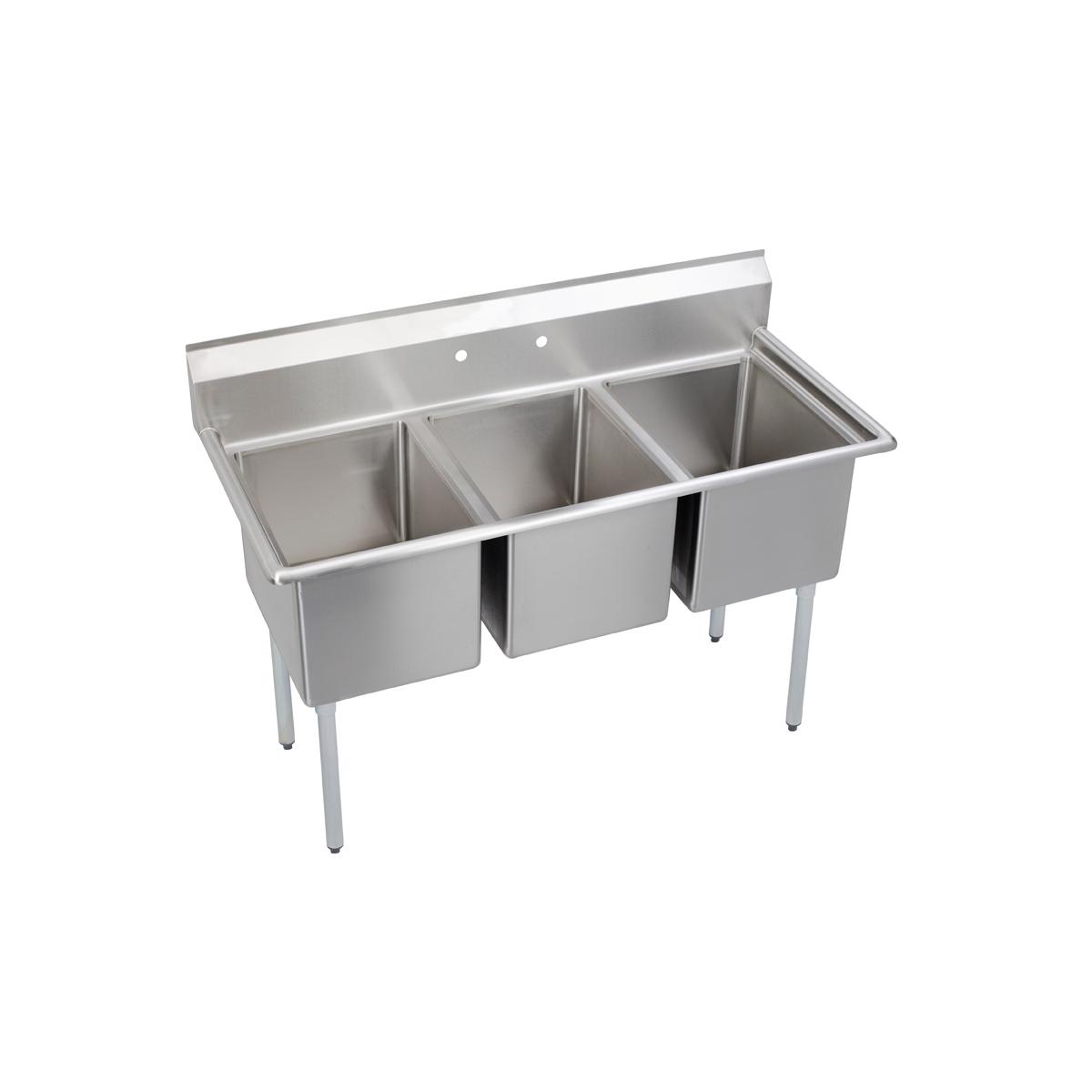 Stainless steel three-compartment sink with backsplash and four legs, viewed from above at an angle.