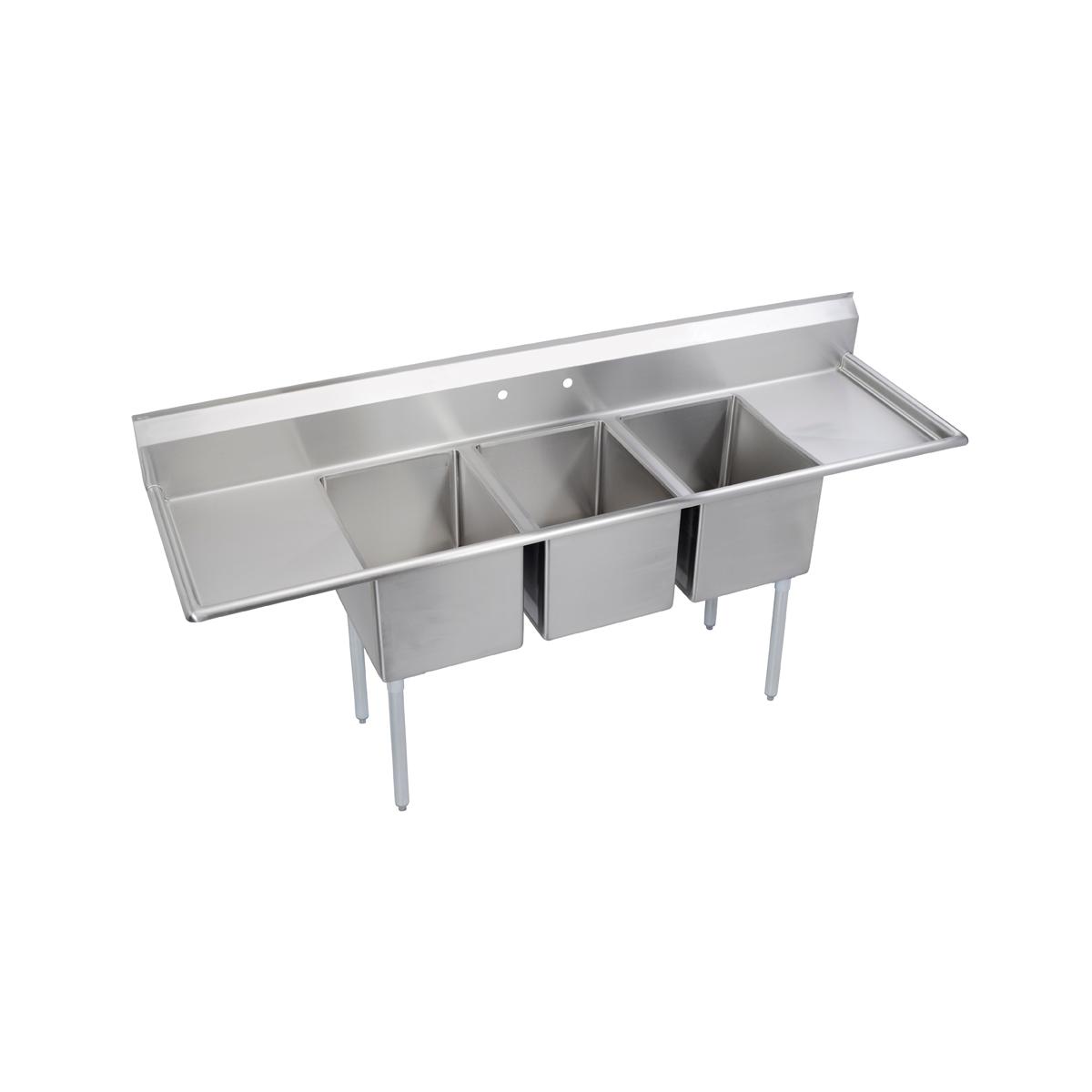 Stainless steel three-compartment sink with left and right drainboards and four stainless steel legs.
