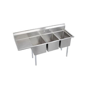 Stainless steel three-compartment sink with left drainboard and four metal legs.