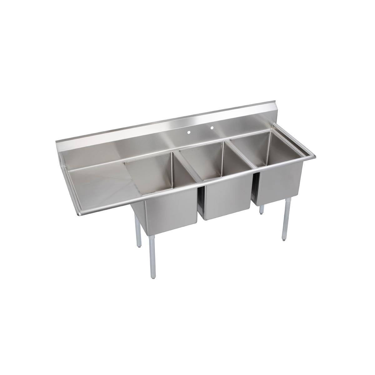 Stainless steel three-compartment sink with left drainboard and four metal legs.
