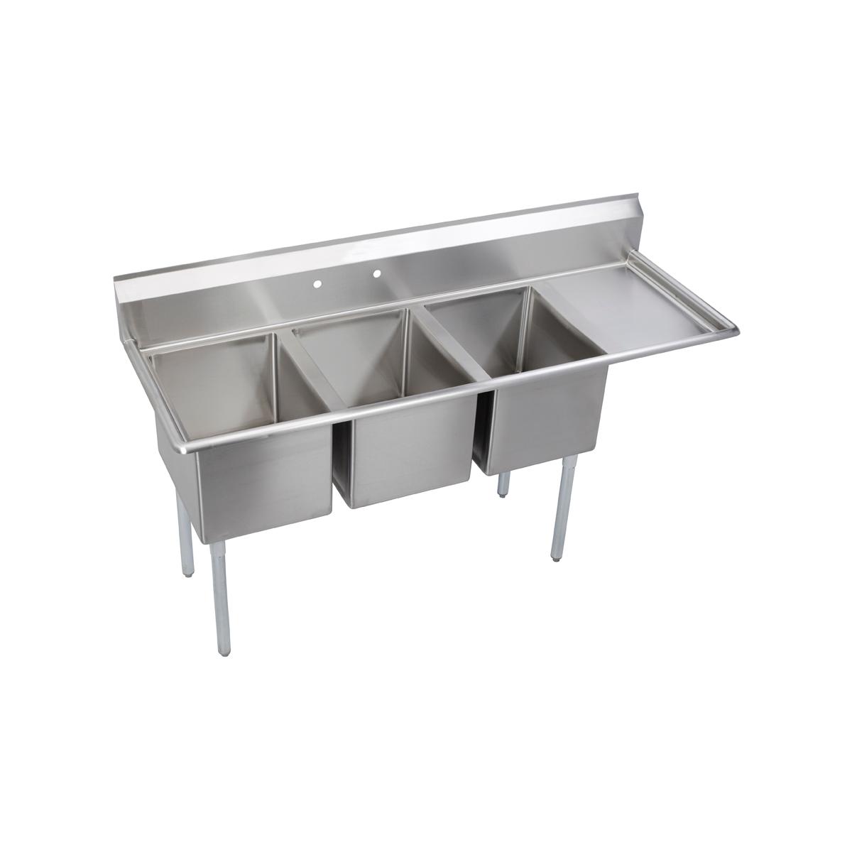 Stainless steel three-compartment sink with right drainboard and stainless steel legs on white background.