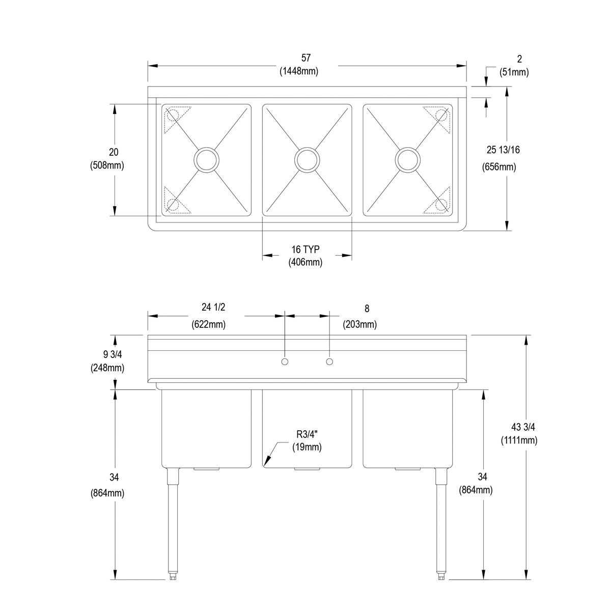 Technical drawing of three-compartment stainless steel sink with dimensions and drain specifications.