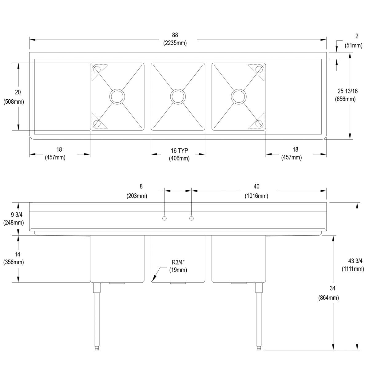 Three-compartment stainless steel sink with 18-inch drainboards on left and right sides and stainless steel legs.