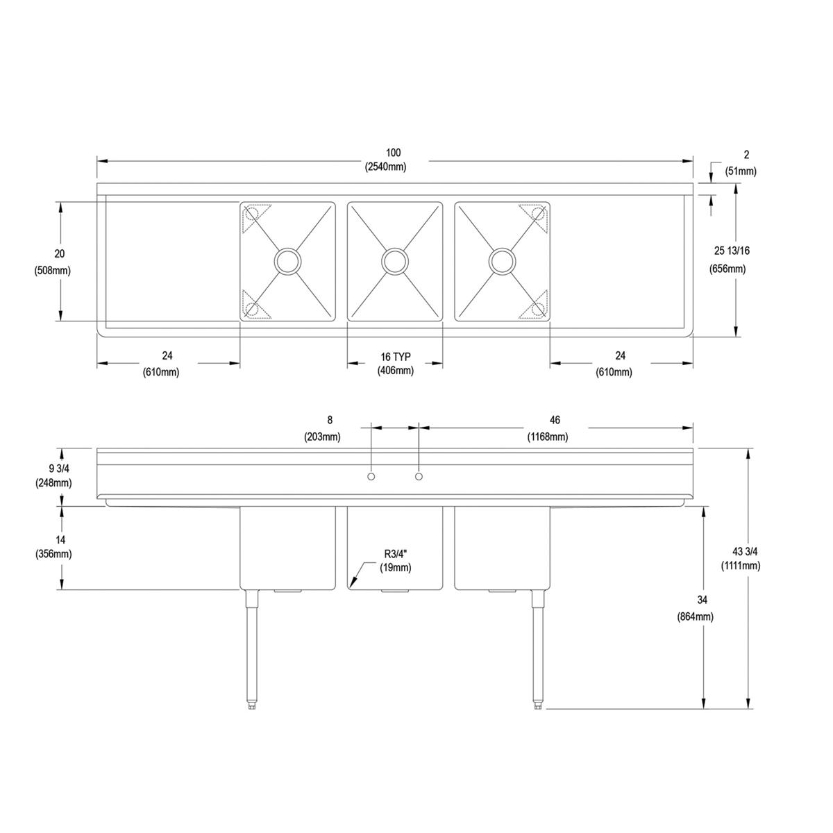 Stainless steel three-compartment sink with left and right drainboards and stainless steel legs, shown in top and side schema