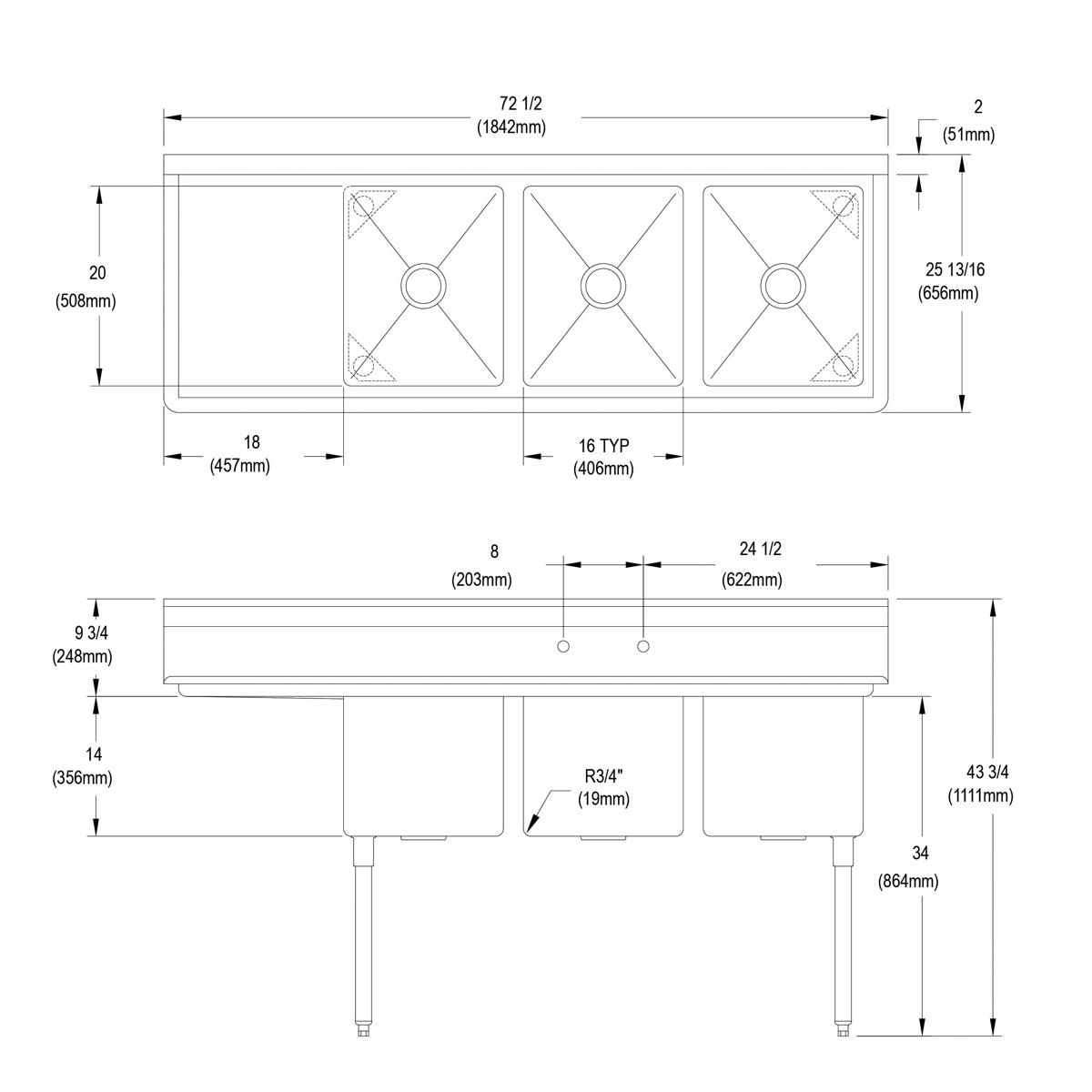 Stainless steel three-compartment sink with 18" left drainboard and four legs, top and side views with dimensions.