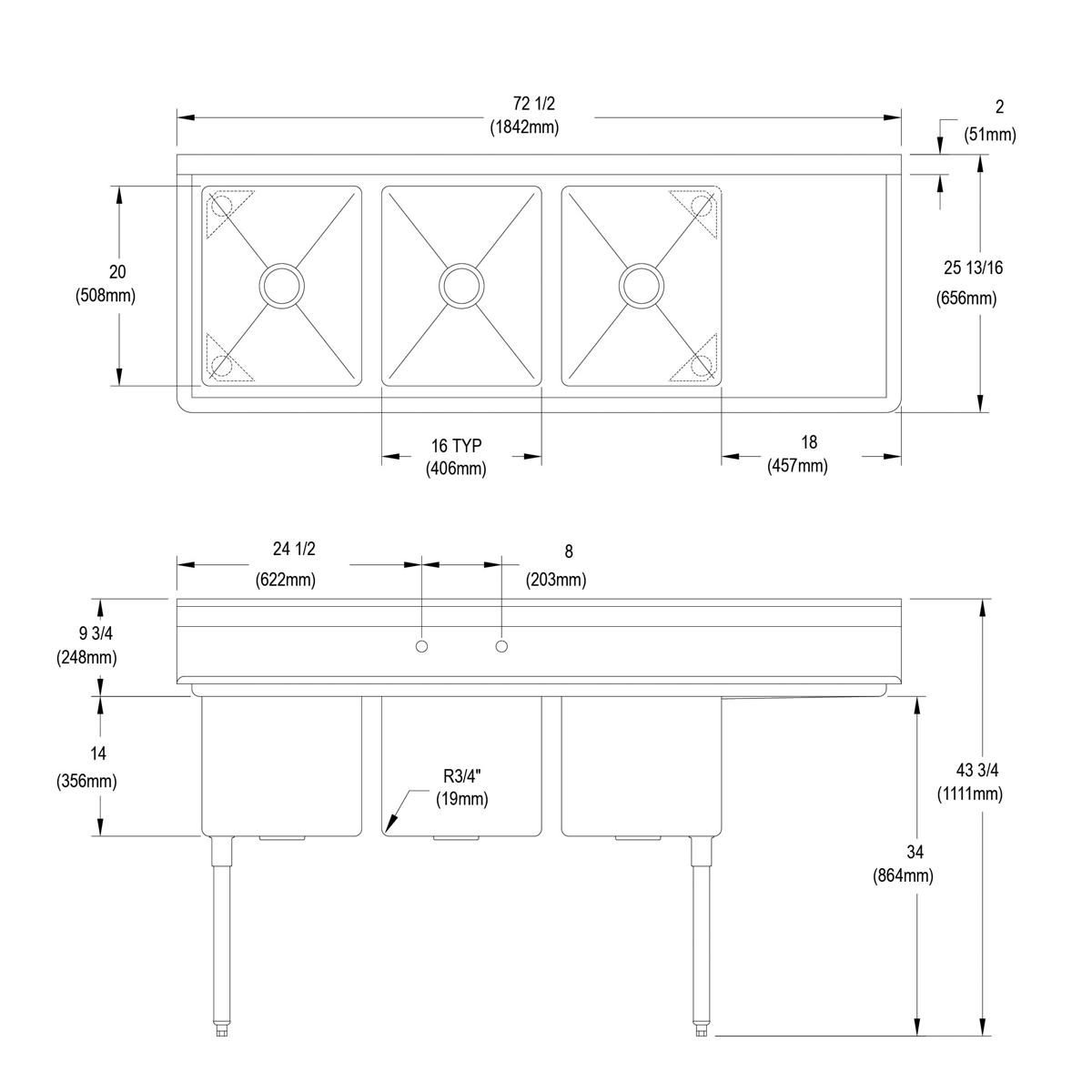 Three-compartment stainless steel sink with right drainboard and stainless steel legs, shown in top and side views with dimen