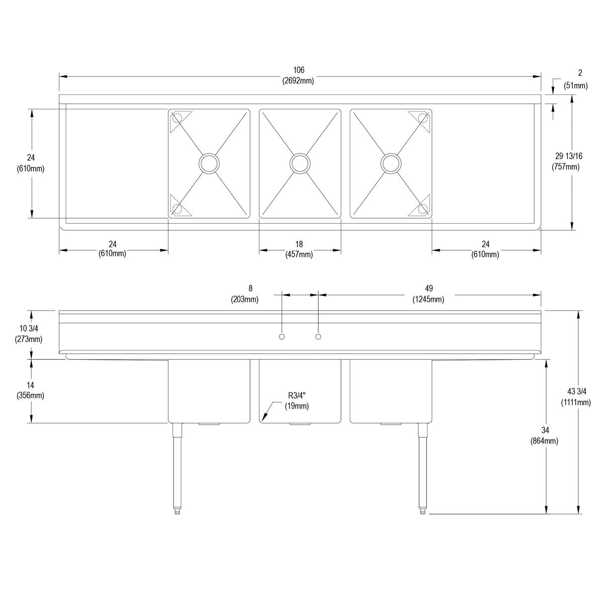 Technical schematic of stainless steel three-compartment sink with 24" left and right drainboards and four legs, showing top 