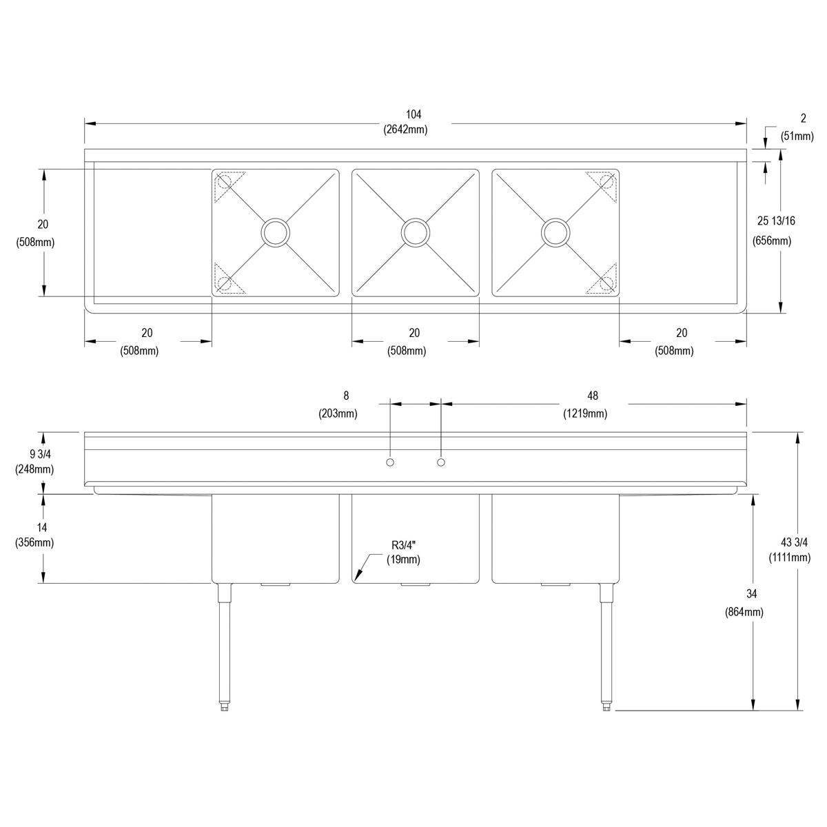 Technical drawing of three-compartment stainless steel sink with 20-inch drainboards on each side and stainless steel legs, s