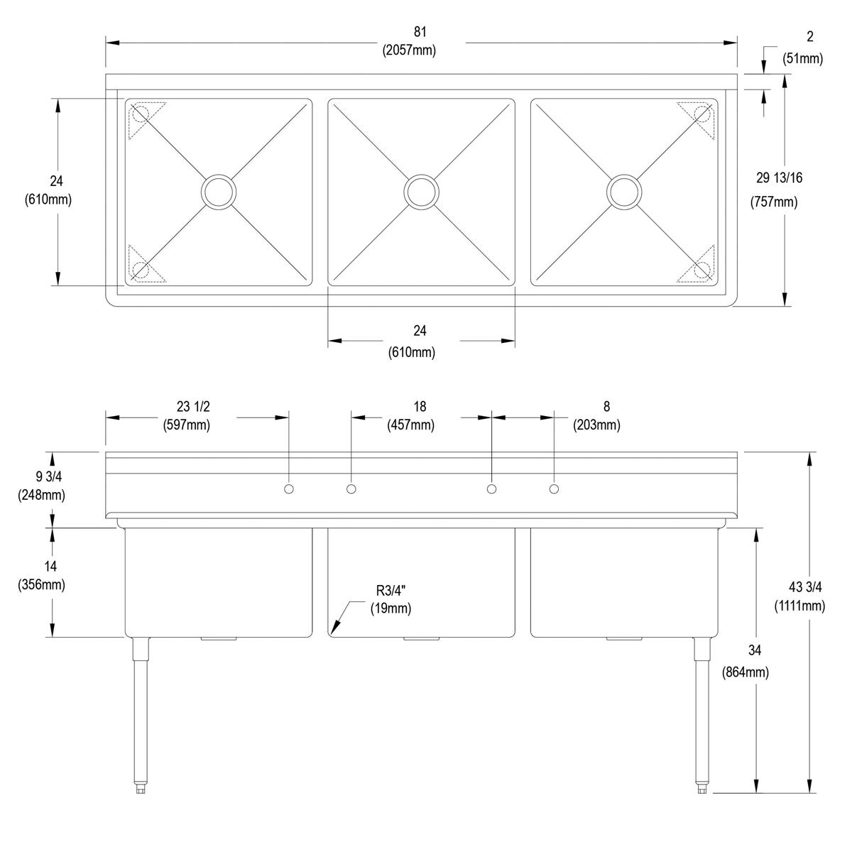 Technical drawing of a stainless steel three-compartment sink with dimensions and drain specifications.