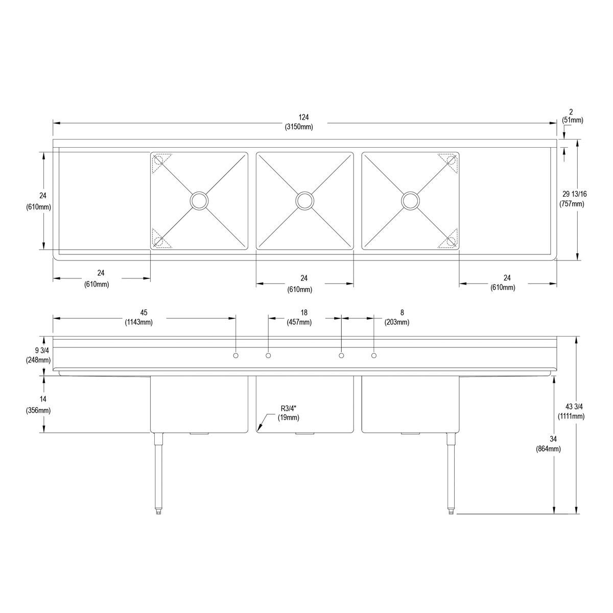 Stainless steel three-compartment sink with 24" left and right drainboards and stainless steel legs, top and side view techni