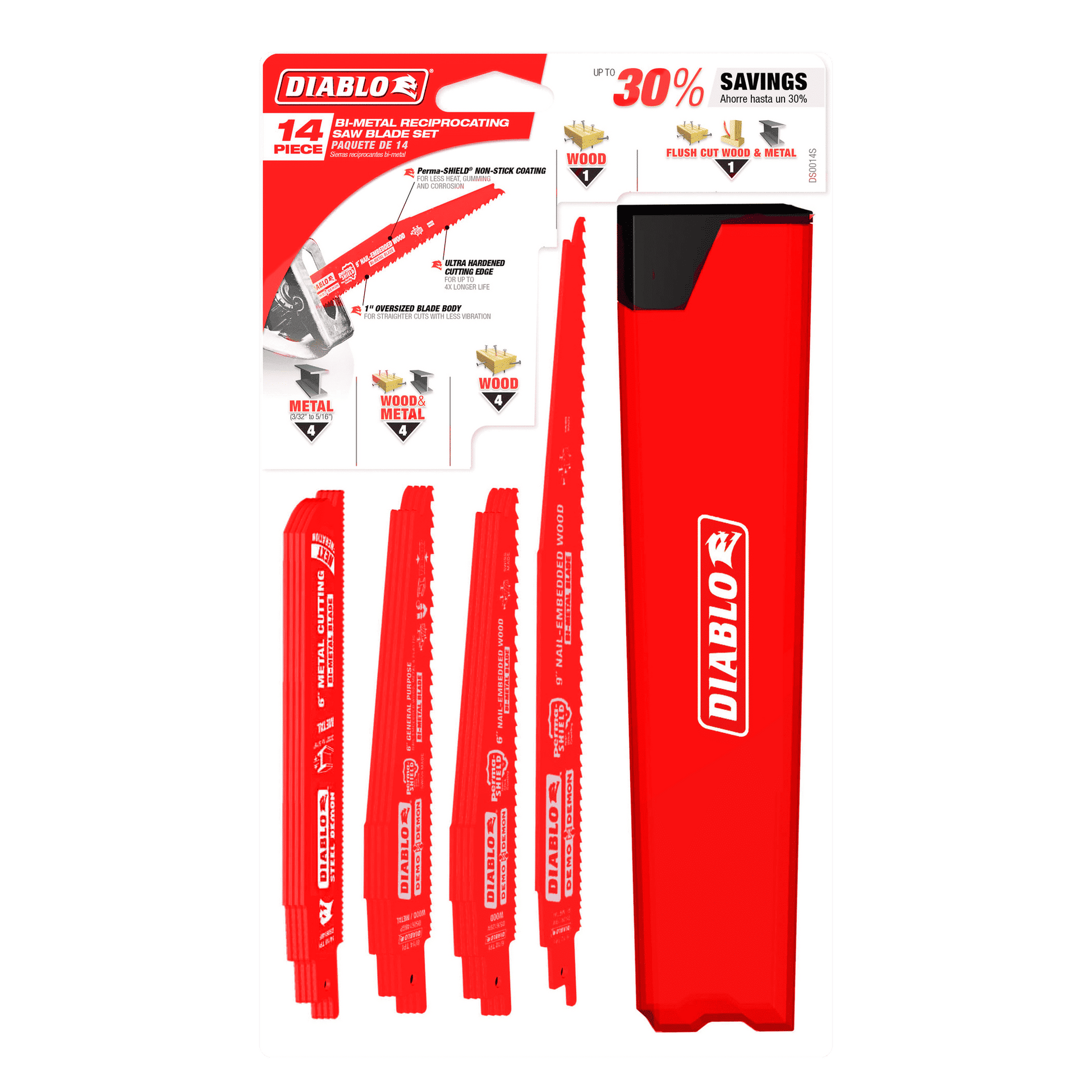 Diablo 14-piece bi-metal reciprocating saw blade set with red blades and packaging box.