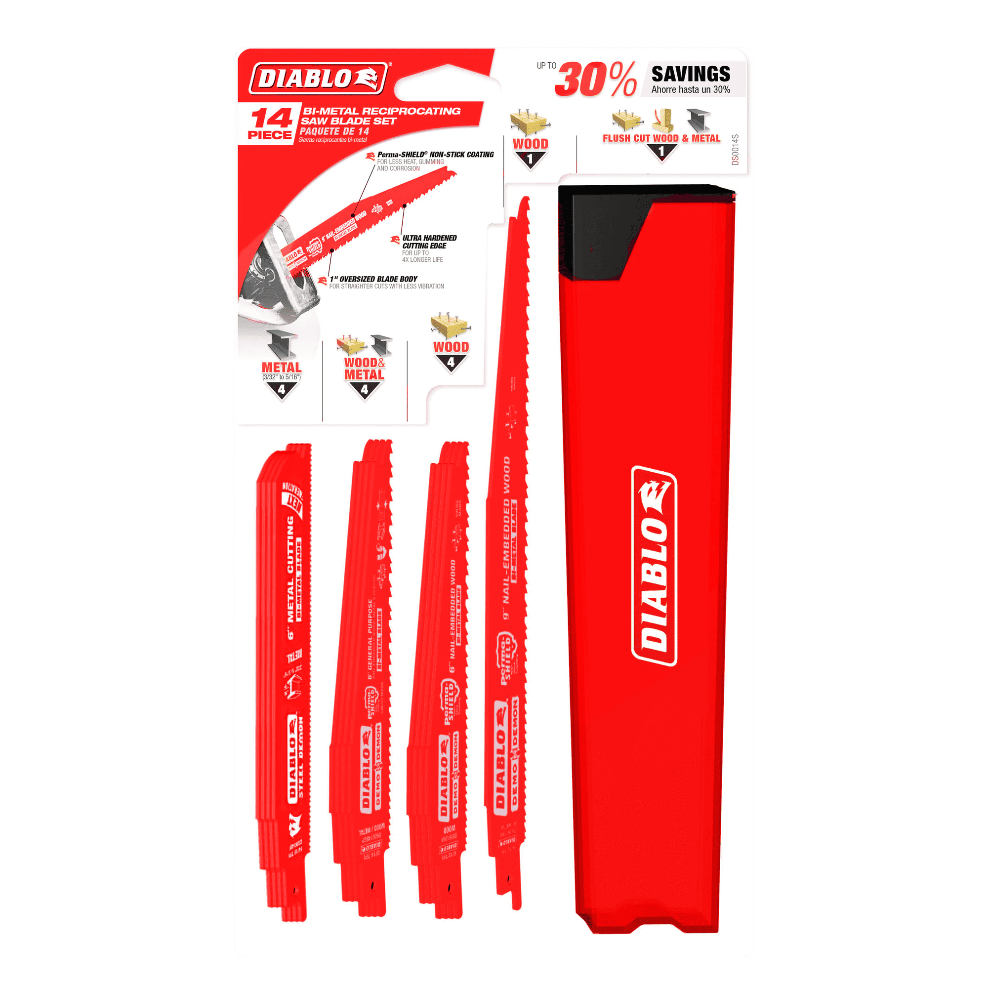 Diablo 14-piece bi-metal reciprocating saw blade set with red blades and packaging box.