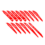 Fourteen red bi-metal reciprocating saw blades arranged in two rows with varying tooth configurations.