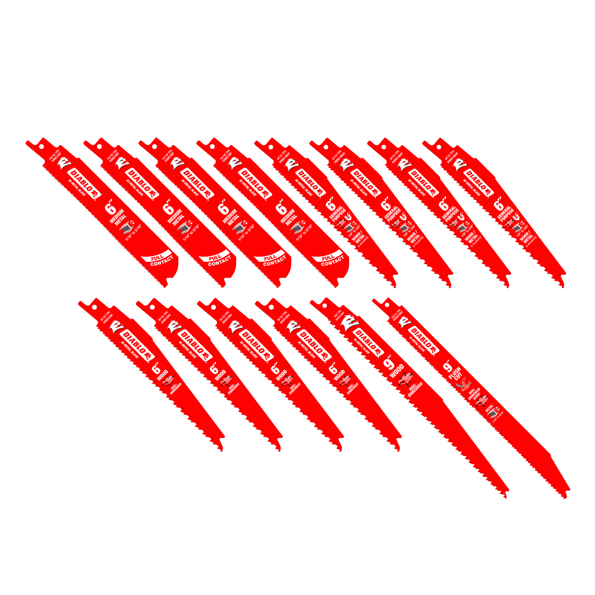 Fourteen red bi-metal reciprocating saw blades arranged in two rows with varying tooth configurations.