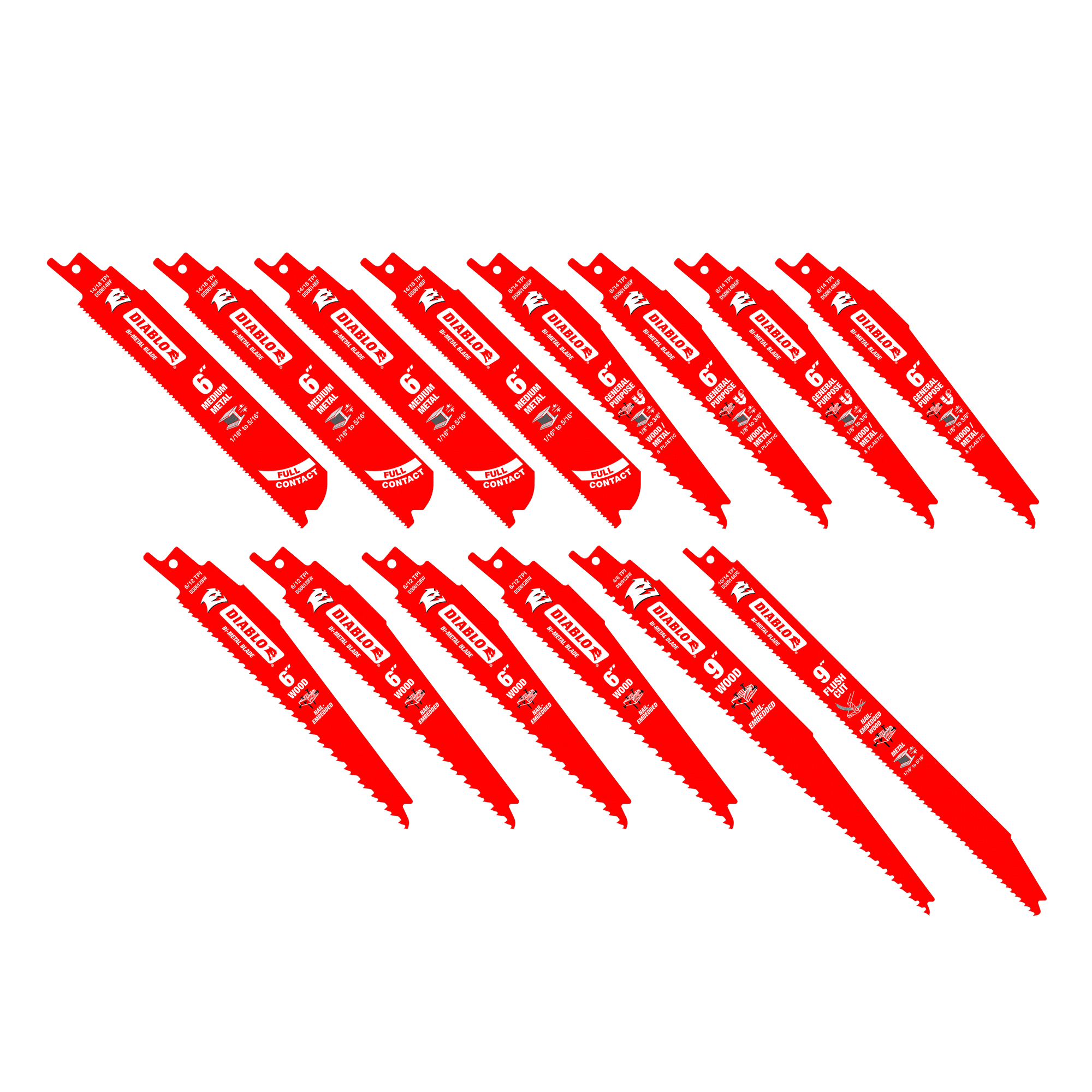 Fourteen red bi-metal reciprocating saw blades arranged in two rows with varying tooth configurations.