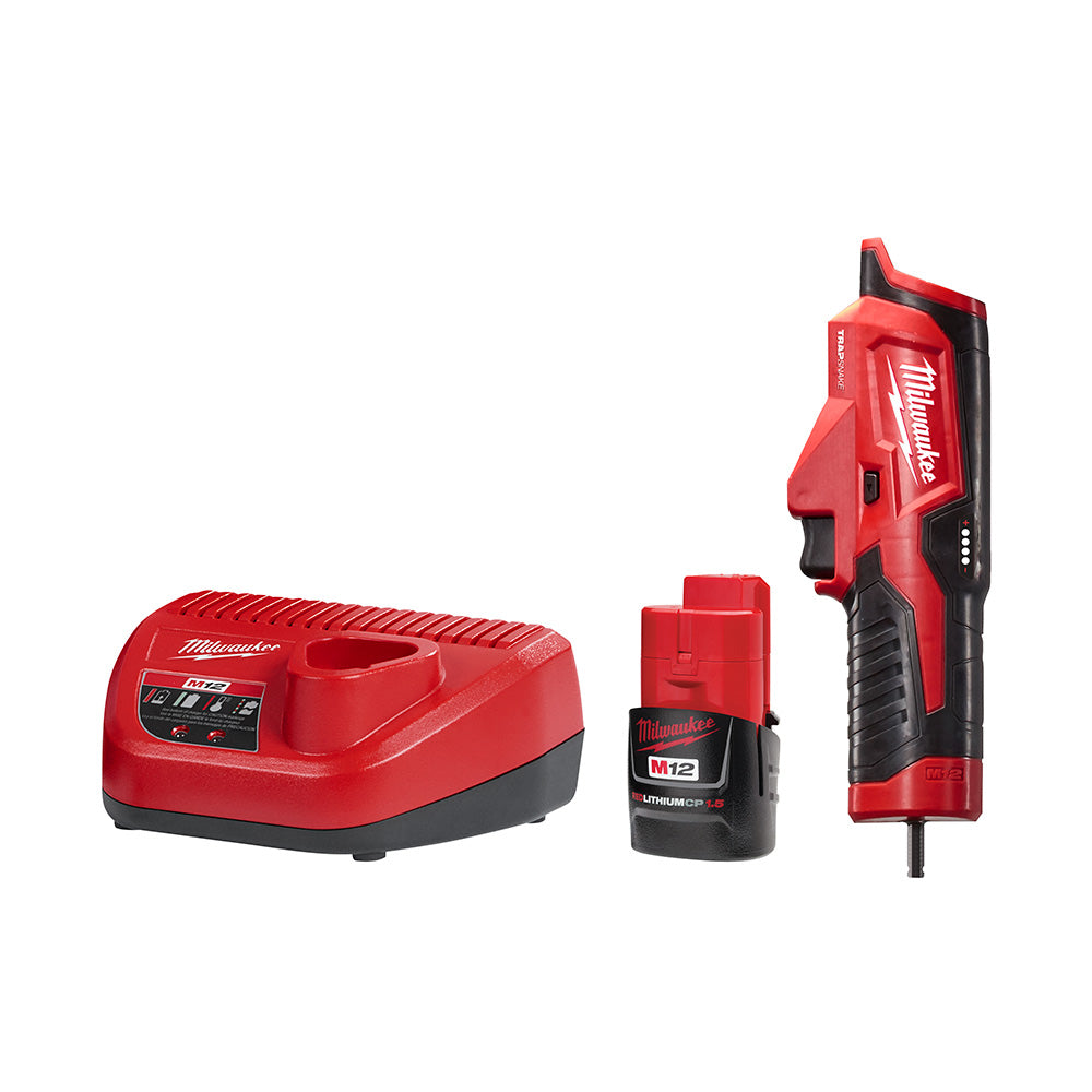 Red and black Milwaukee M12 TRAPSNAKE driver kit including charger, battery, and corded driver tool.