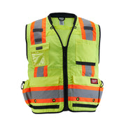 Yellow-green safety vest with orange and gray reflective stripes, multiple pockets, and black zip front closure.