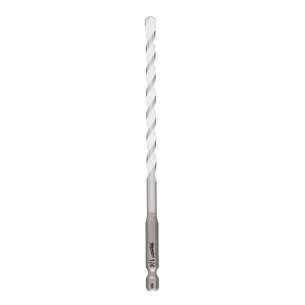 Milwaukee Shockwave 1/4 inch carbide drill bit with twisted flutes and hex shank, displayed vertically against white backgrou
