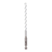 Milwaukee Shockwave 1/4 inch carbide drill bit with twisted flutes and hex shank, displayed vertically against white backgrou