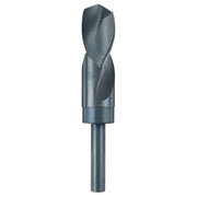 Black oxide drill bit with twisted flutes and cylindrical shank, 1-1/8 inch diameter.