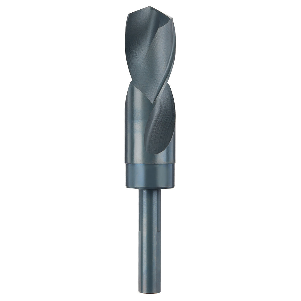 Black oxide drill bit with twisted flutes and cylindrical shank, 1-1/8 inch diameter.