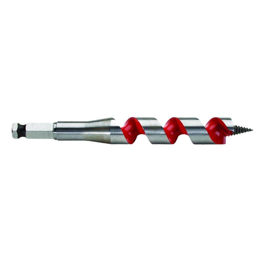 Milwaukee ship auger bit with metal shaft, red flutes, and pointed tip for wood drilling.