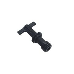 Black plastic diverter plug with T-shaped handle and cylindrical valve body.