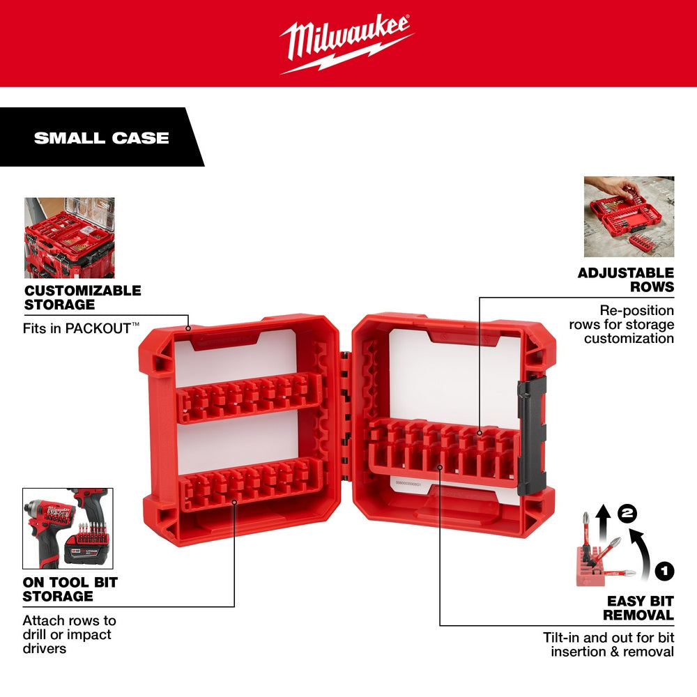 Red Milwaukee small case with adjustable storage rows and bit holders, shown open with customizable compartments.