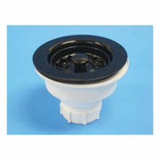Matte black and white plastic kitchen sink strainer with perforated basket and threaded base.