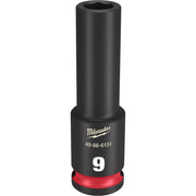 Black Milwaukee deep socket with 9MM size marking, red grip band, and hexagonal opening on top.