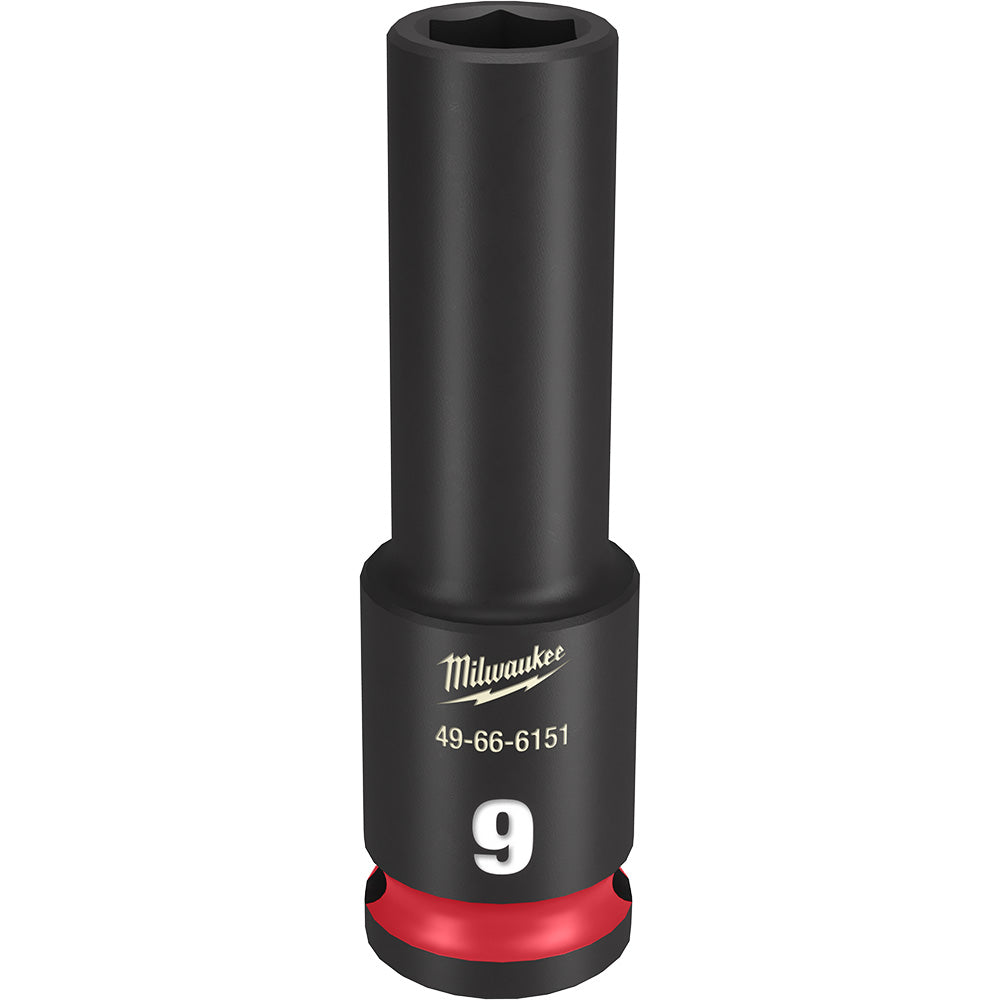 Black Milwaukee deep socket with 9MM size marking, red grip band, and hexagonal opening on top.