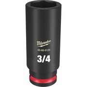 Black Milwaukee deep socket with 3/4" size marking, hexagonal opening, and red grip band at base.