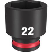 Black 22mm socket with 6-point opening, red grip band near base, 3/8" drive connection.