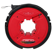 Red and black steel fish tape cartridge with 240 ft. capacity and 1/8 in. width, mounted on drum.
