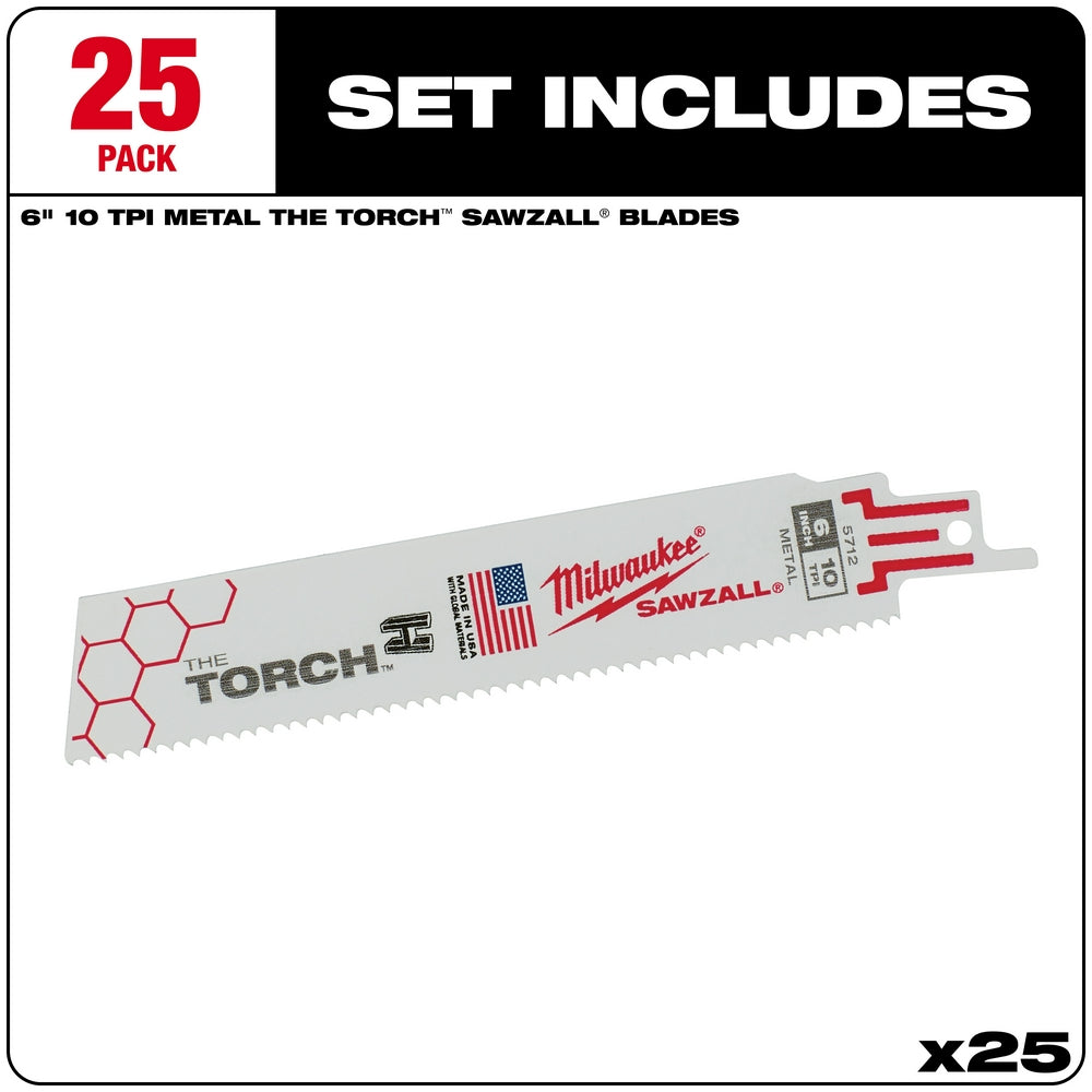 Milwaukee SAWZALL reciprocating saw blade with 10 teeth per inch, 6 inches long, with red and white packaging label visible.