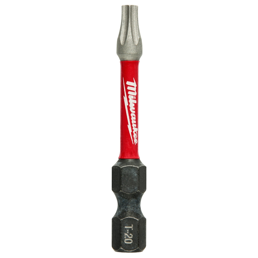 Milwaukee Shockwave T20 impact driver bit with red sleeve and gray hex shaft.