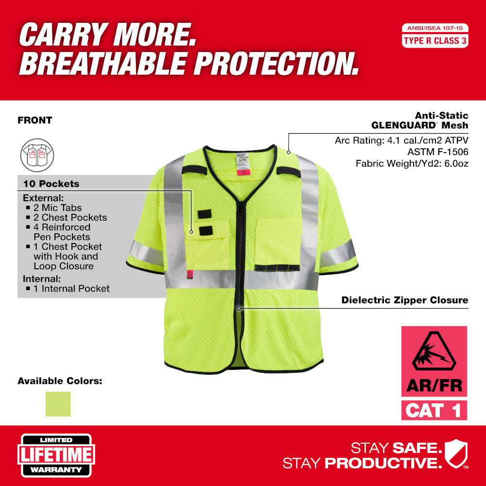 Neon yellow mesh safety vest with reflective silver stripes, black trim, dielectric zipper, and multiple pockets.
