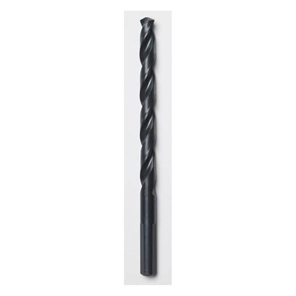 Black oxide twist drill bit with fluted shaft and pointed tip against white background.