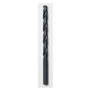 Black oxide twist drill bit with fluted shaft and pointed tip against white background.