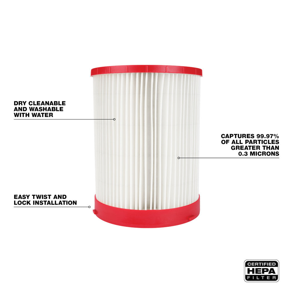 White pleated HEPA filter with red top and bottom caps, cylindrical shape for wet/dry vacuum use.