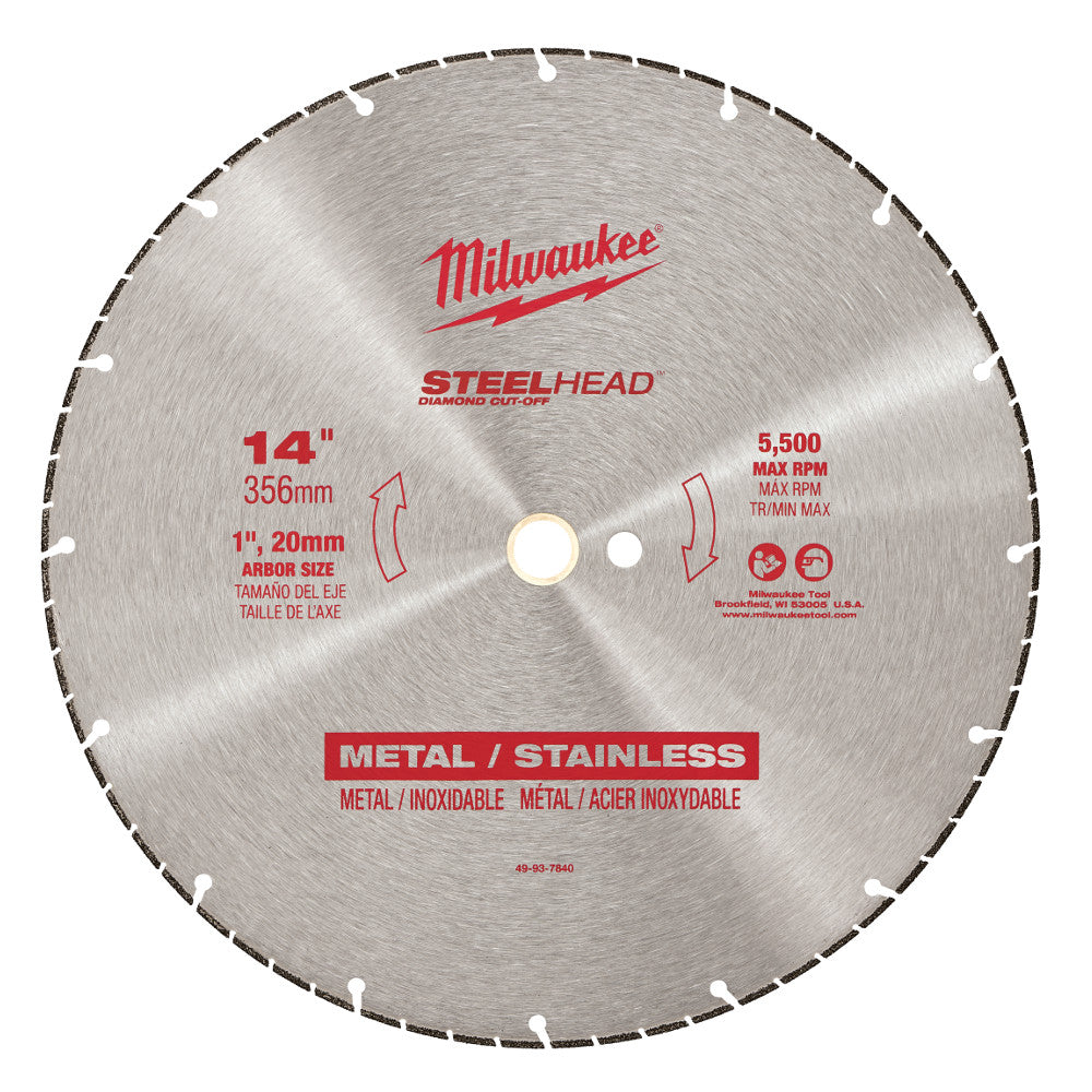 14-inch Milwaukee STEELHEAD diamond cut-off blade with 1-inch arbor, rated for 5,500 max RPM, for metal and stainless steel.