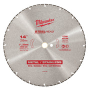 14-inch Milwaukee STEELHEAD diamond cut-off blade with 1-inch arbor, rated for 5,500 max RPM, for metal and stainless steel.