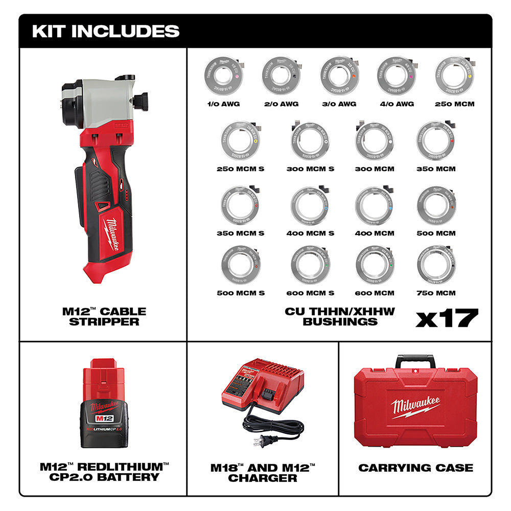 M12 cable stripper with red and black body, 17 copper bushings in various sizes, M12 battery, dual charger, and red carrying 