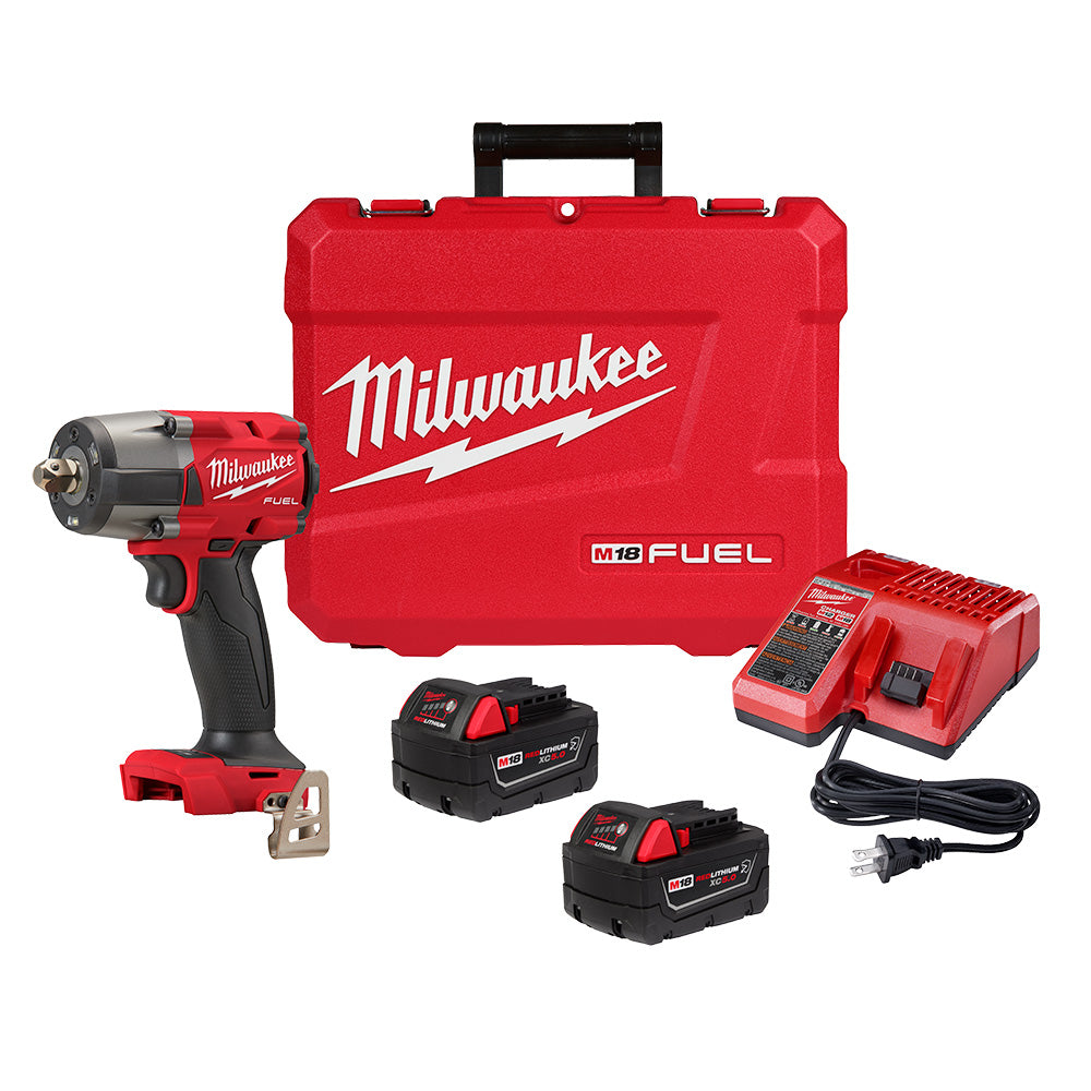 Milwaukee M18 FUEL impact wrench kit with red carrying case, two batteries, charger, and power cord.