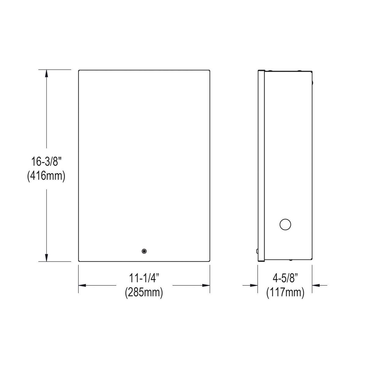 Technical drawing showing front and side views of rectangular filtration unit with dimensions 16-3/8" height and 11-1/4" widt