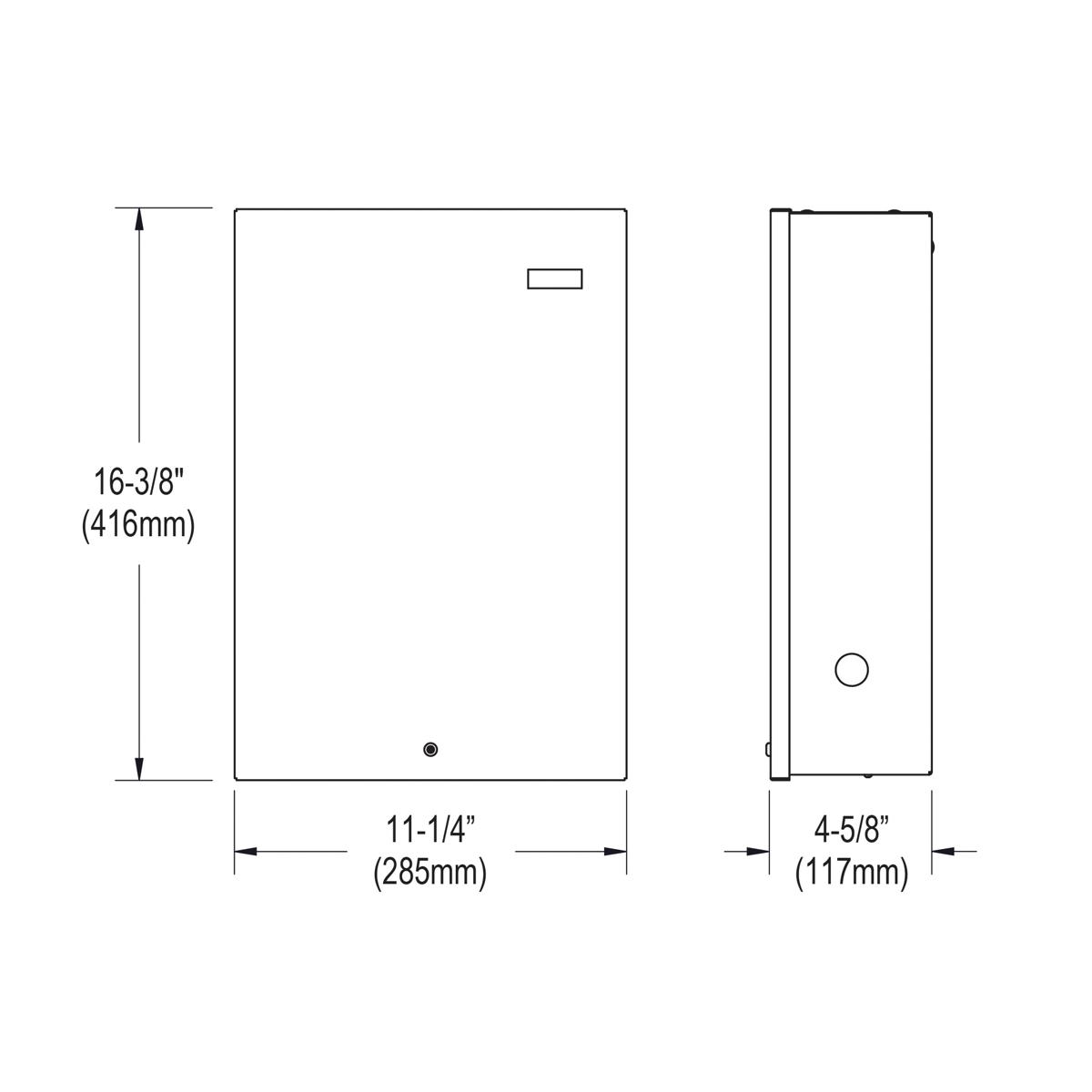 Technical schematic showing front and side views of rectangular filtration unit with dimensions and mounting details.