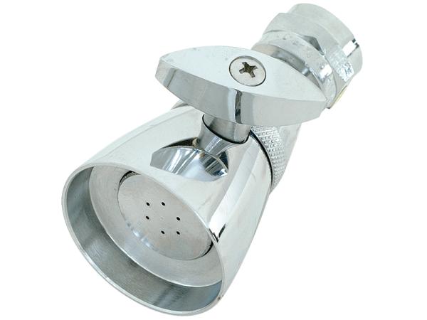 Chrome shower head with adjustable swivel joint and perforated face spray pattern.