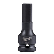 Black Milwaukee Shockwave 1/2 inch hex bit socket with 1/2 inch drive connection and Milwaukee logo on cylindrical body.