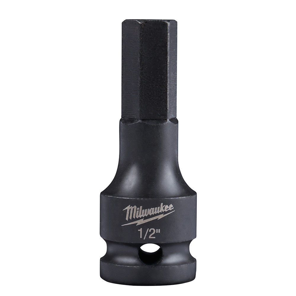 Black Milwaukee Shockwave 1/2 inch hex bit socket with 1/2 inch drive connection and Milwaukee logo on cylindrical body.