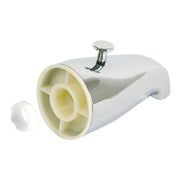 Chrome diverter spout with white plastic body, threaded brass connection port, and small chrome lever handle on top.